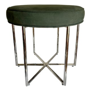 Mitchell Gold + Bob Williams Chrome Stool Footstool With Teal Upholstery For Sale