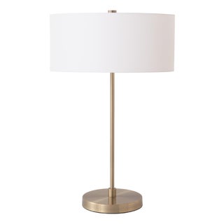 Stretch Slimline Table Lamp Weathered Brass, White Linen Drum Shade, Modern Style, Dimmable For Sale