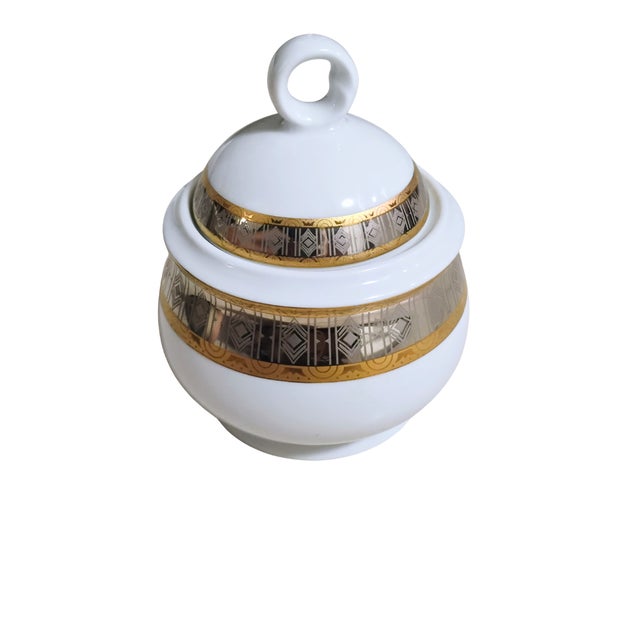 Vintage Thun Carlsbad Bohemian Porcelain Covered Sugar Bowl Platinum With Gold For Sale - Image 4 of 8