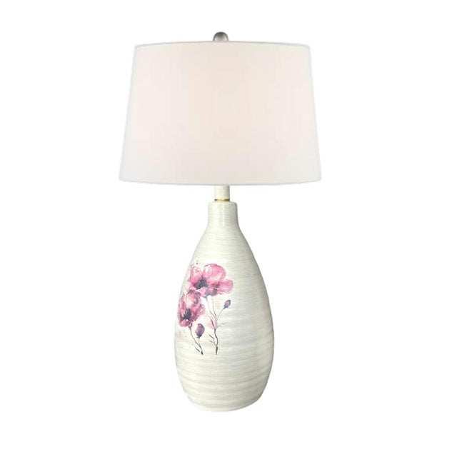 Contemporary Cream Ceramic Beehive Table Lamps With Pink Magnolia and Linen Weave Accents For Sale - Image 3 of 5