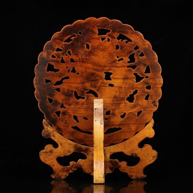 Vintage Chinese Boxwood Dragon Screen | Hand-Carved Table Screen With Gemstone Inlay For Sale - Image 9 of 9