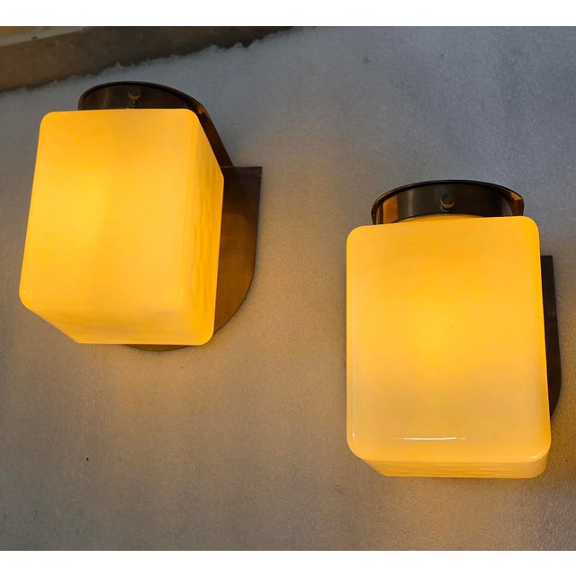 Pair Vintage Art deco light Old Lamp Wall Sconces Fixture Brass & Cube Cream Milk Glass Shade Ship Light Lamp Excellent...