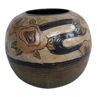 Brass Cloisonné Floral & Striped Vase For Sale