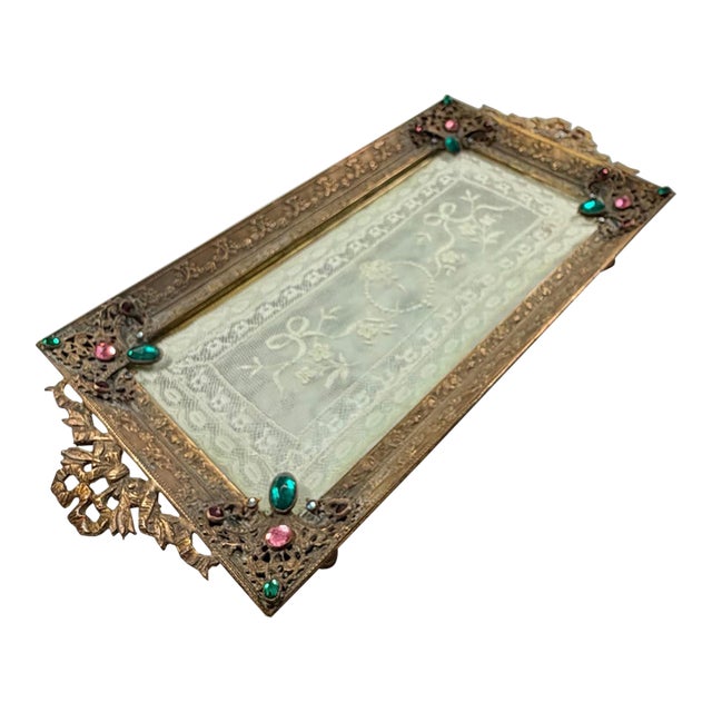 Antique Empire Art Gold Jeweled Vanity Tray With Ivory Lace, Circa 1920s–1930s For Sale