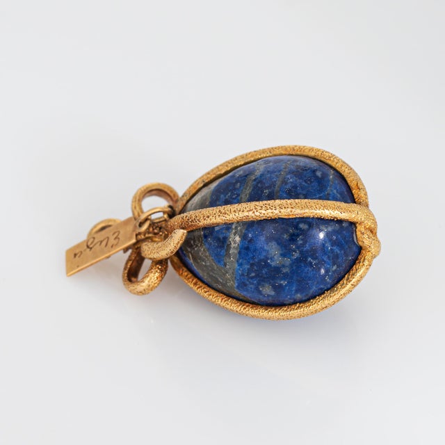 Mid-Century Modern Tiffany & Co Schlumberger France Lapis Lazuli Egg Charm Vintage 18k Gold Pendant For Sale - Image 3 of 7