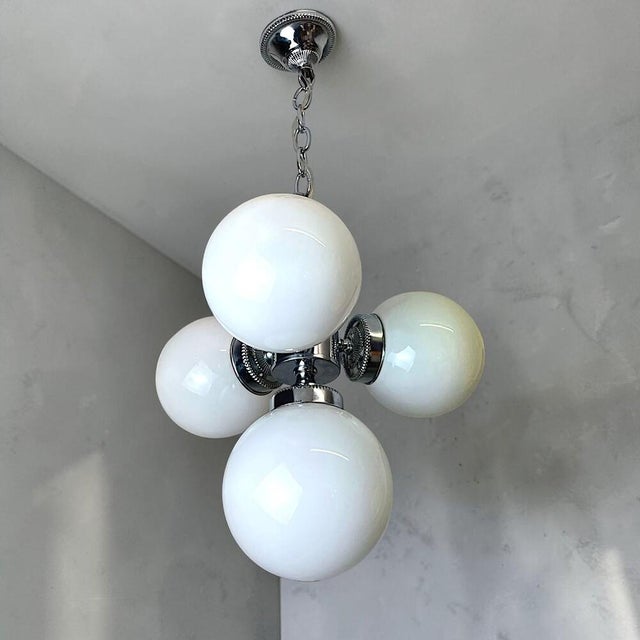 Mid-Century Modern Space Age Chandelier in Chromed Metal with 4 White Opaline Glass Globes, 1970s For Sale - Image 3 of 12