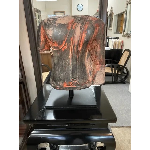 Sandstone buddha torso. From Thailand, Ayuthaya period. Late 18th c. metal base has been added,