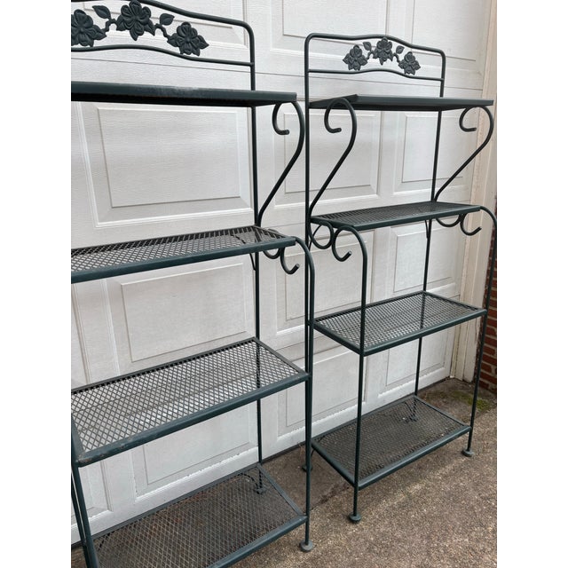 Traditional Mid to Late 20th Century Wrought Iron Metal Mesh Green Garden Bakers Racks Shelves, A Pair For Sale - Image 3 of 10