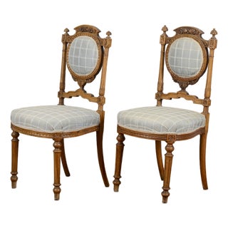 Antique Walnut Chairs with Blue Fabric, 1800s, Set of 2 For Sale