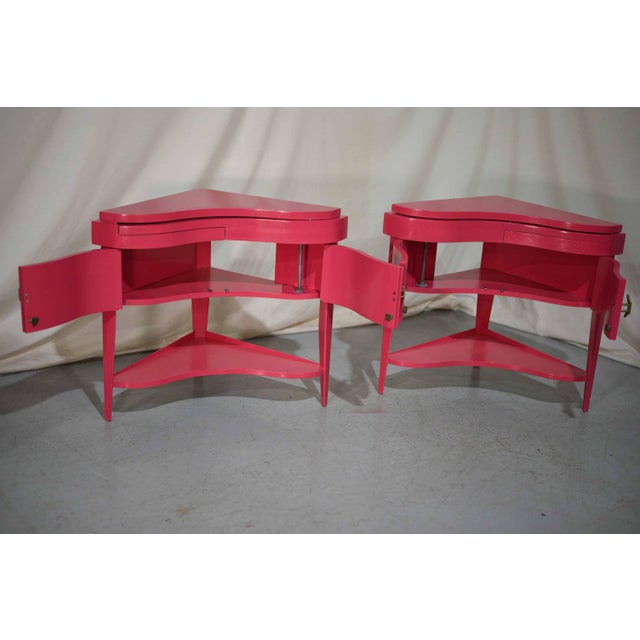 Wood Vintage Triangular Concave Flip-Out Tables in Pink Newly Painted - A Pair For Sale - Image 7 of 12