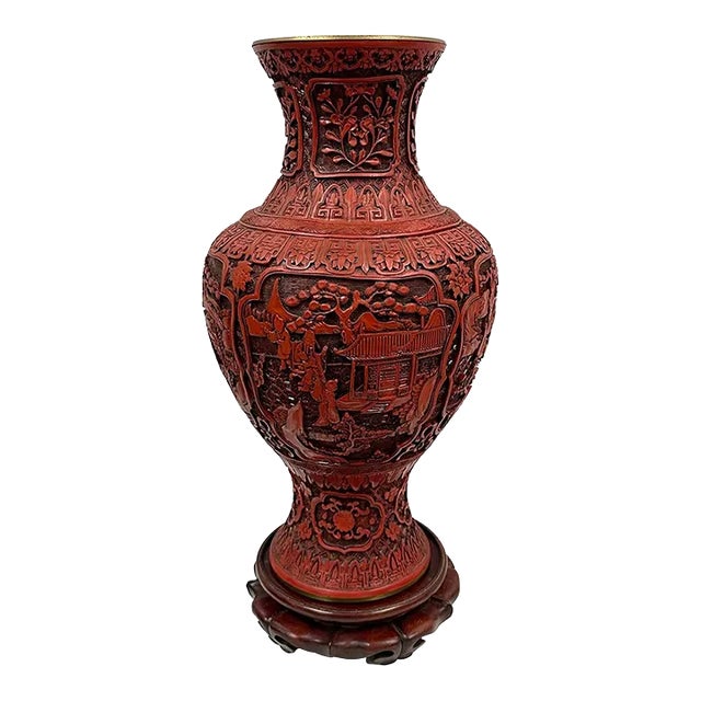 Mid-20th Century Chinese Hand Carved Cinnabar Vase For Sale