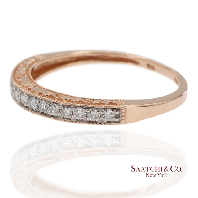 Contemporary 14k 585 Solid Rose Gold Engraving and Milgrain Natural Diamond Band Ring, Size 8 For Sale - Image 3 of 12