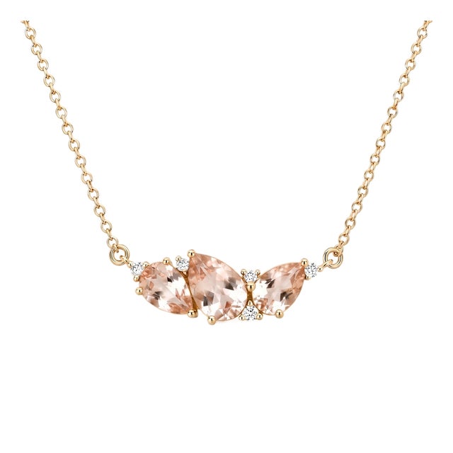 Dainty Peach Morganite Pear Cluster Necklace | 18k Yellow Gold Plated Curved Gemstone Pendant | Anniversary Gifts for Her For Sale