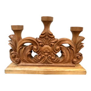 Late 20th Century Hand Carved Wooden Three Candle Candelabra
