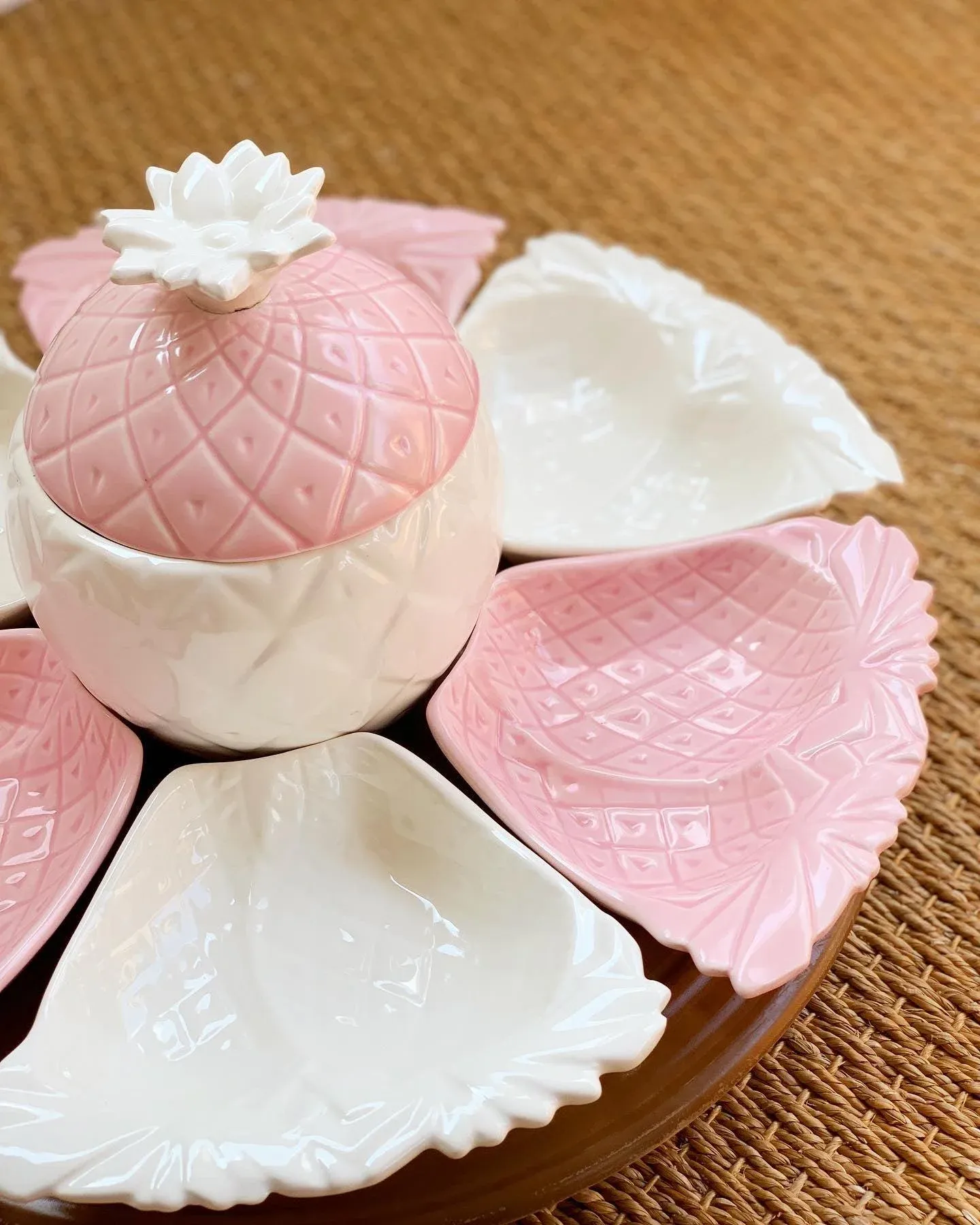 1960s California Pottery Pink Pineapple Appetizer Set With Lazy