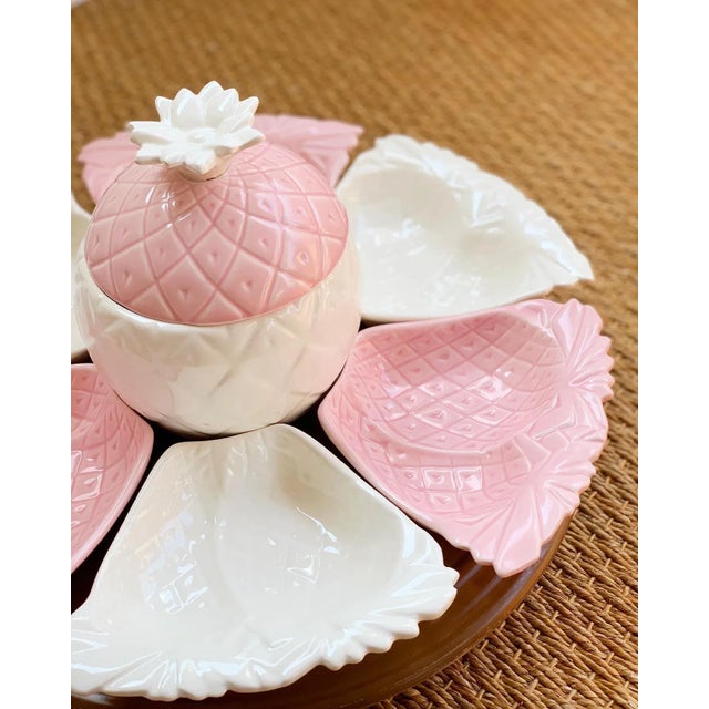 1960s 1960s California Pottery Pink Pineapple Appetizer Set With Lazy Susan - 9 Pieces Total For Sale - Image 5 of 6