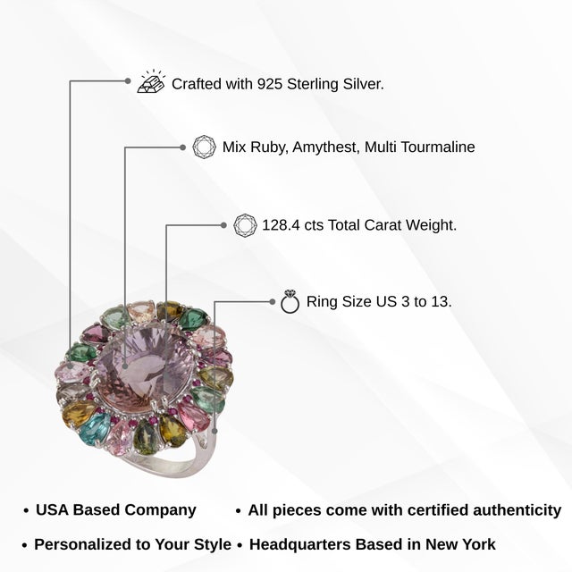 Victorian Inspired 128.4 Ct Ruby & Amethyst Cocktail Ring With Multicolor Tourmaline, Size 6 For Sale - Image 11 of 14