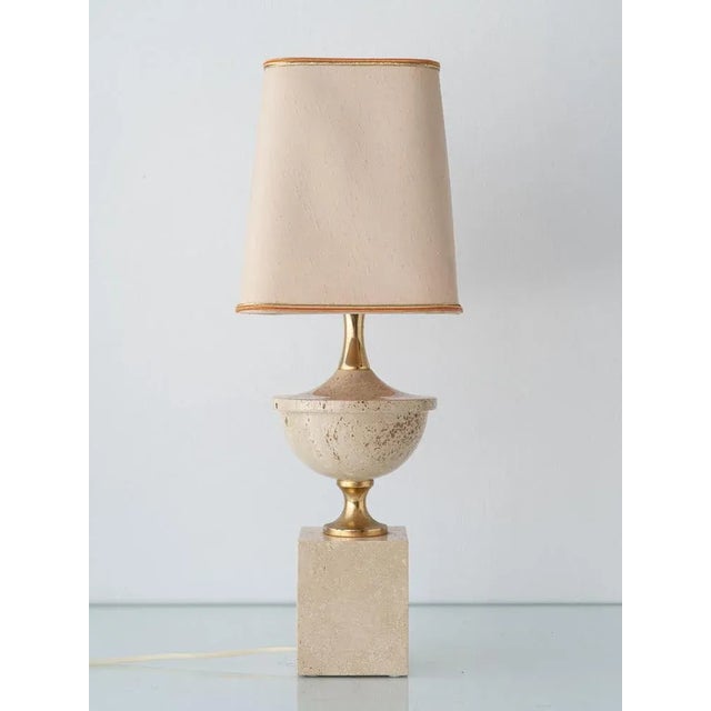 Mid-Century Italian Travertine and Brass Table Lamp attributed to Philippe Barbier, 1970s For Sale - Image 4 of 18
