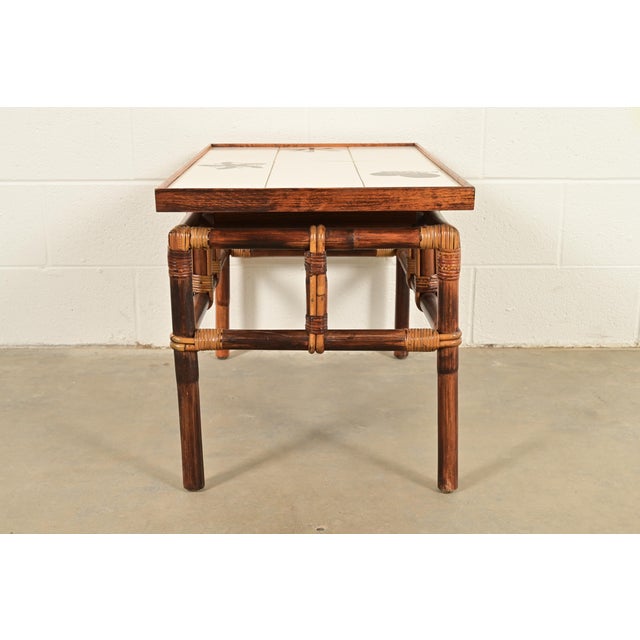 Brown John Wisner for Ficks Reed Mid-Century Hollywood Regency Bamboo Rattan Tile Top Side Table, 1950s For Sale - Image 8 of 10