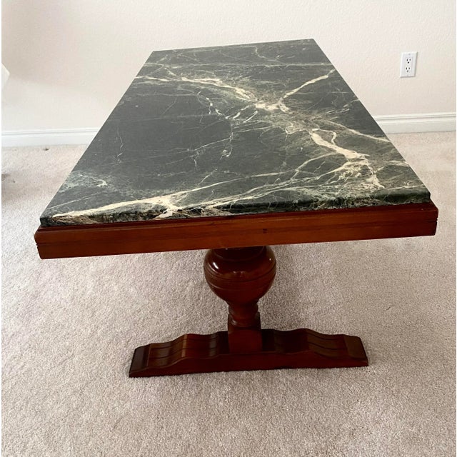 Mid 20th Century Unique Marble and Wood French Inspired Trestle Console/Libaray/Coffee/Cocktail/Display Table Great Vintage Condition For Sale In Denver - Image 6 of 11