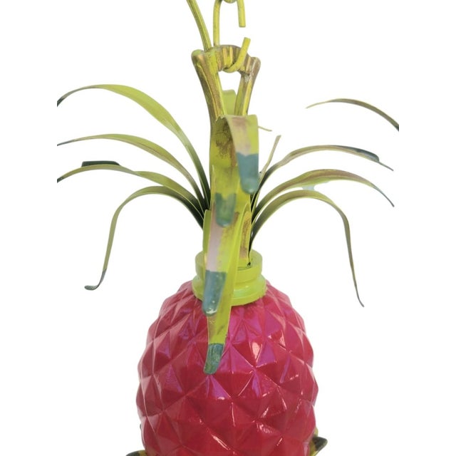 Chelsea House Inc Vintage Custom Hand Painted Palm Beach Regency Pink Green Pineapple 6 Light Chandelier W/ Striped Shades For Sale - Image 4 of 12