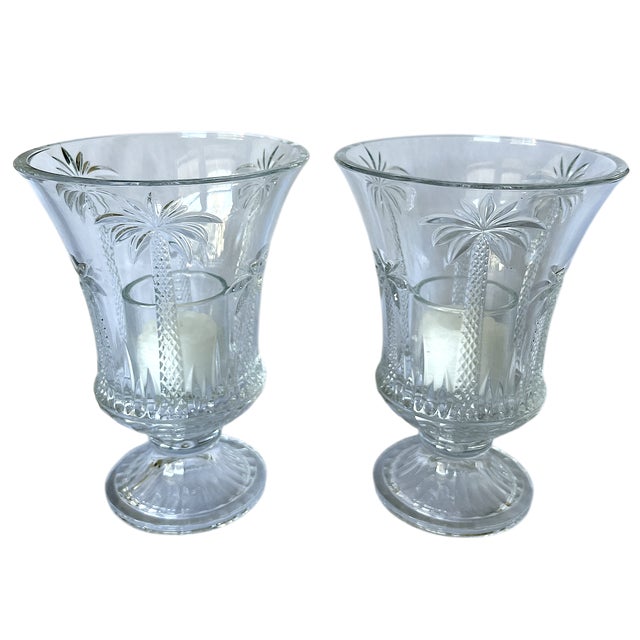 1990s Vintage Palm Beach Regency Cut Lead Crystal Palm Tree Hurricane Lanterns With Votive Inserts and Taper Holders- a Pair For Sale - Image 5 of 7