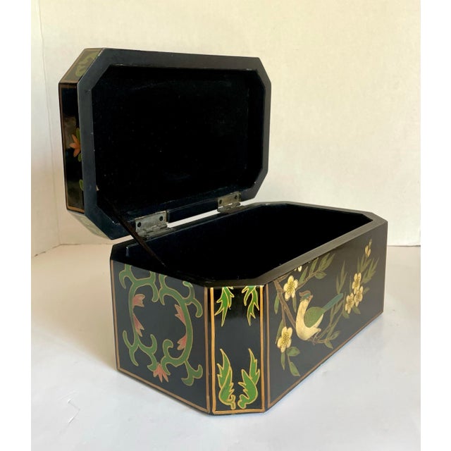 Wood Vintage Chinoiserie Faceted Black Lacquer Bird and Blossom Jewel Box For Sale - Image 7 of 12