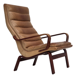 Scandinavian Highback Lounge Chair in Leather and Bentwood, 1970s