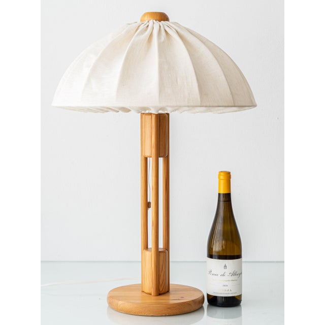 Mid-Century Modern Large Scandinavian Pine Table Lamp with Fabric Dome Shade, 1960s For Sale - Image 3 of 14