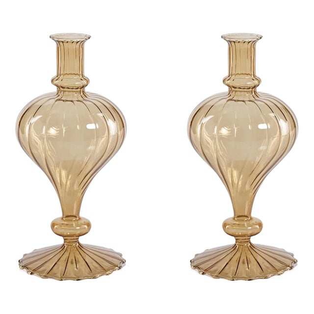 Vellum 2-Piece Set Small Light Amber Spiral Glass Vases, Turnip Shape For Sale