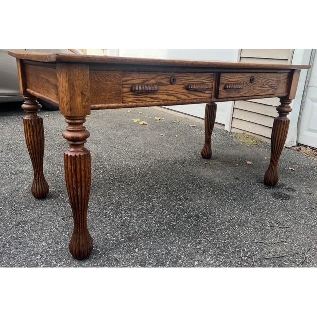 Antique 1900's Large Oak Library Table 2 Drawers For Sale - Image 13 of 16