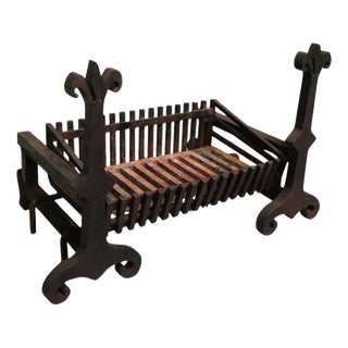 Large 19th Century Andirons with Grate These Are Heavy Hand Forged Iron Andiron, 1900 For Sale
