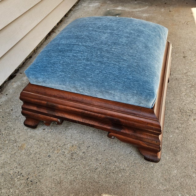 Sky Blue Mid 19th Century Flame Mahogany Empire Footstool Coastal Blue Velvet For Sale - Image 8 of 10