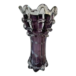 Fluted Amethyst Art Glass Pulled Lip Clear Garland Vase