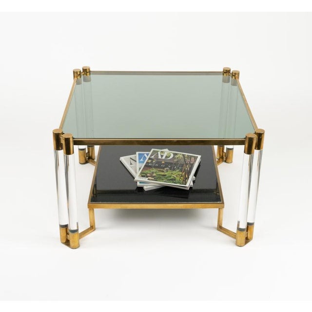Coffee Table in Acrylic Glass, Brass, Ceramic and Smoked Glass in the style of Charles Hollis Jones, 1970s For Sale - Image 15 of 18