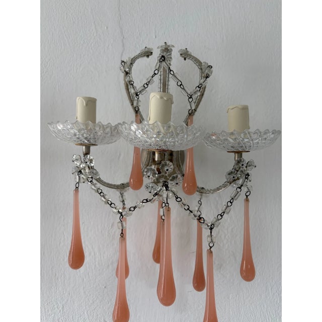 Pink Maison Bagues Style Beaded Murano Pink Opaline Drops Sconces Rare C 1920 For Sale - Image 8 of 12