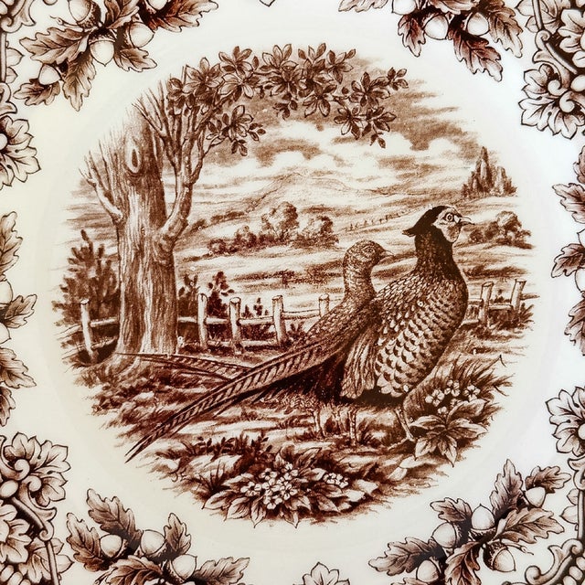 English Royal Stafford English Brown Transferware Pheasants & Acorns Thanksgiving Salad Plates - Set of 12 For Sale - Image 3 of 7