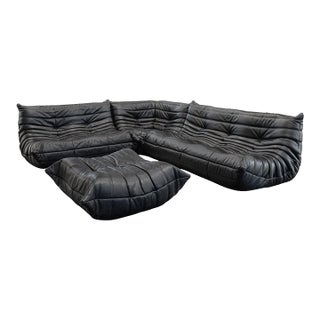 Michel Ducaroy for Ligne Roset Togo 4pc Black Leather Modular Sofa Set For Sale