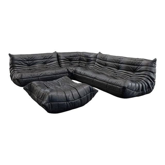Michel Ducaroy for Ligne Roset Togo 4pc Black Leather Modular Sofa Set For Sale