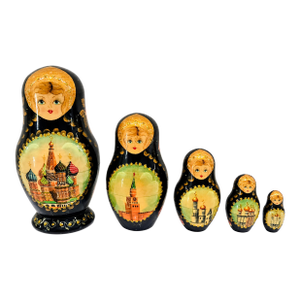 Vintage Hand-Painted Russian Matryoshka Nesting Dolls, 5-Piece Moscow Landmark Set, Black Lacquer & Gold