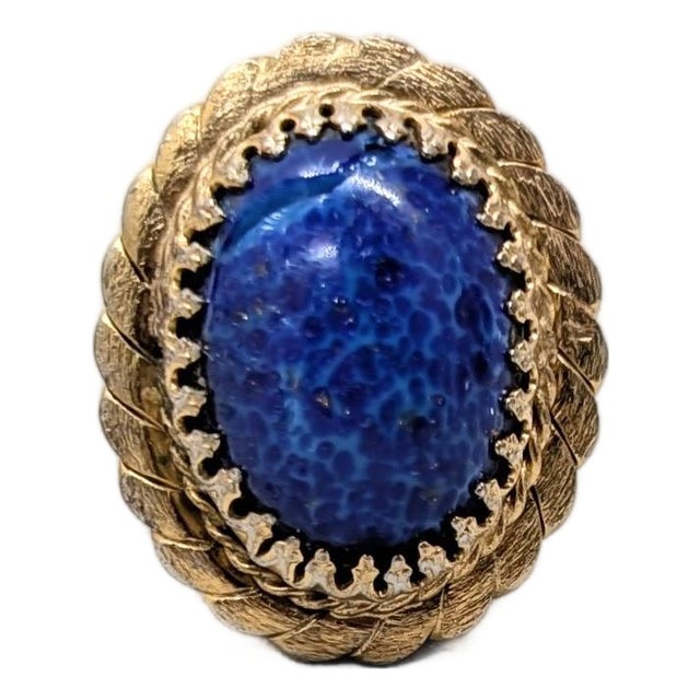 Vintage 1968 Signed Napier Goldtone Cabochon Faux-Lapis "Poison" Adjustable Ring For Sale