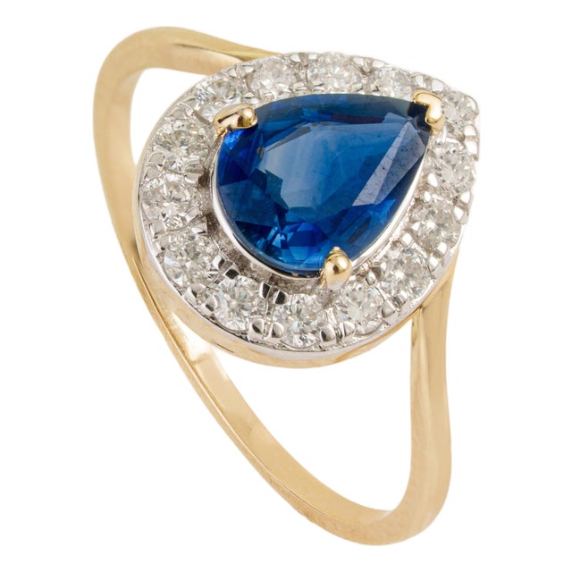 14k Two-Tone Gold 1.17ct Blue Sapphire & Diamond Vintage Ring Size 8 For Sale