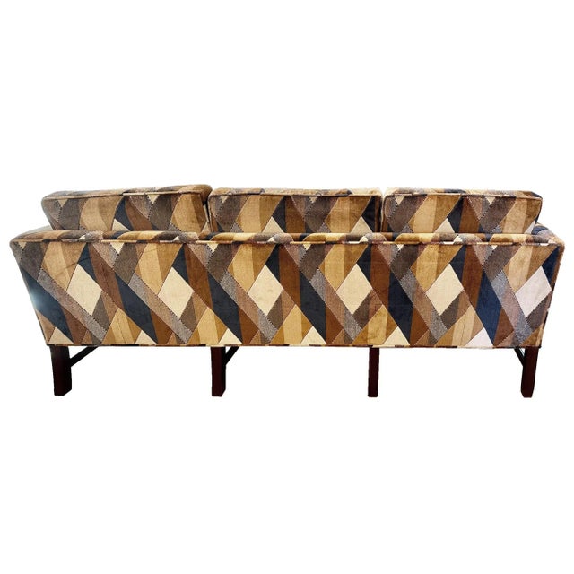 Wood Mid-Century Velvet Geometric Patterned Sofa For Sale - Image 7 of 10