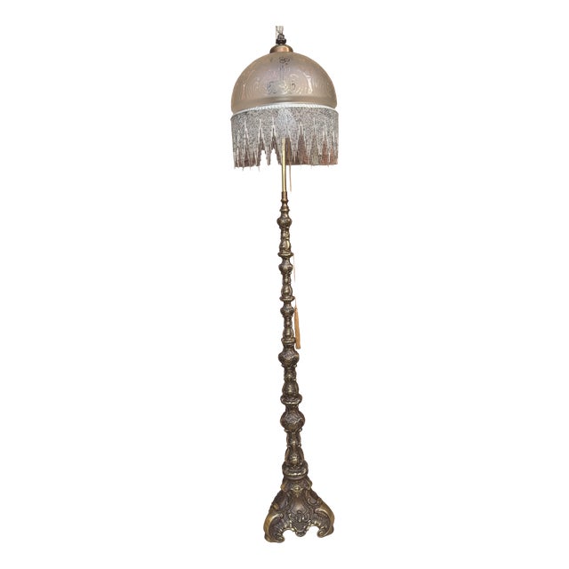 Vintage Brass Beaded Glass Shade Floor Lamp, 1950s For Sale