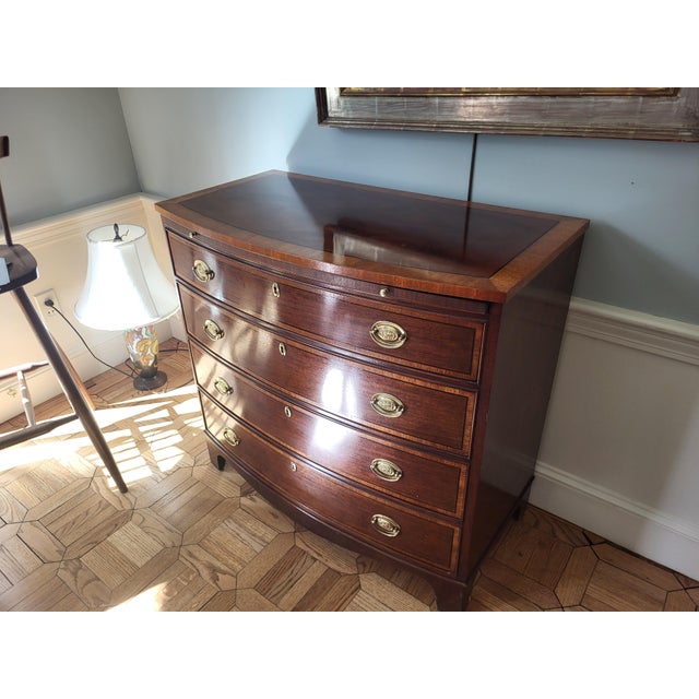 Late 20th Century Late 20th Century Baker Bow Front Banded Top & 4 Drawers Pull Out Desk Bachelor Chest Dresser For Sale - Image 5 of 10