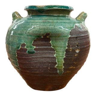 Vintage Oribe Style Studio Pottery Handled Vessel With Emerald Green Drip Glaze For Sale