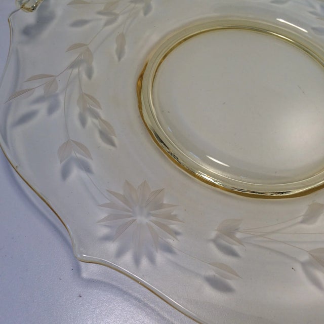 Light Yellow Yellow Floral Etched Lancaster Platter 1930's For Sale - Image 8 of 12