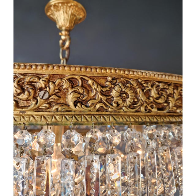 Metal Antique Oval Flush Mount Chandelier Brass Crystal Ceiling Light Restored Gold For Sale - Image 7 of 10