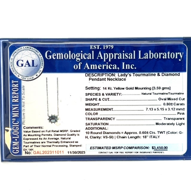 Natural Tourmaline Diamond Pendant Necklace 18" 14k YG 1.40 TCW Certified For Sale - Image 12 of 12