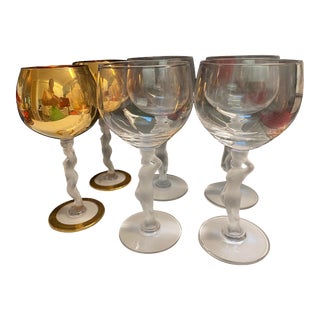 1970s Lalique-Style Wine / Water Glasses- Set of 6 For Sale